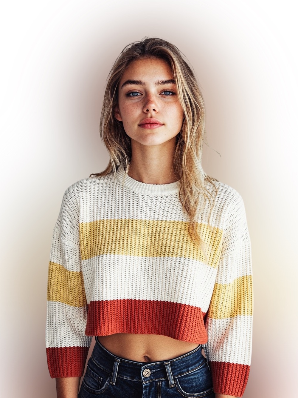 Striped Crewneck Sweater in White, Mustard & Rust